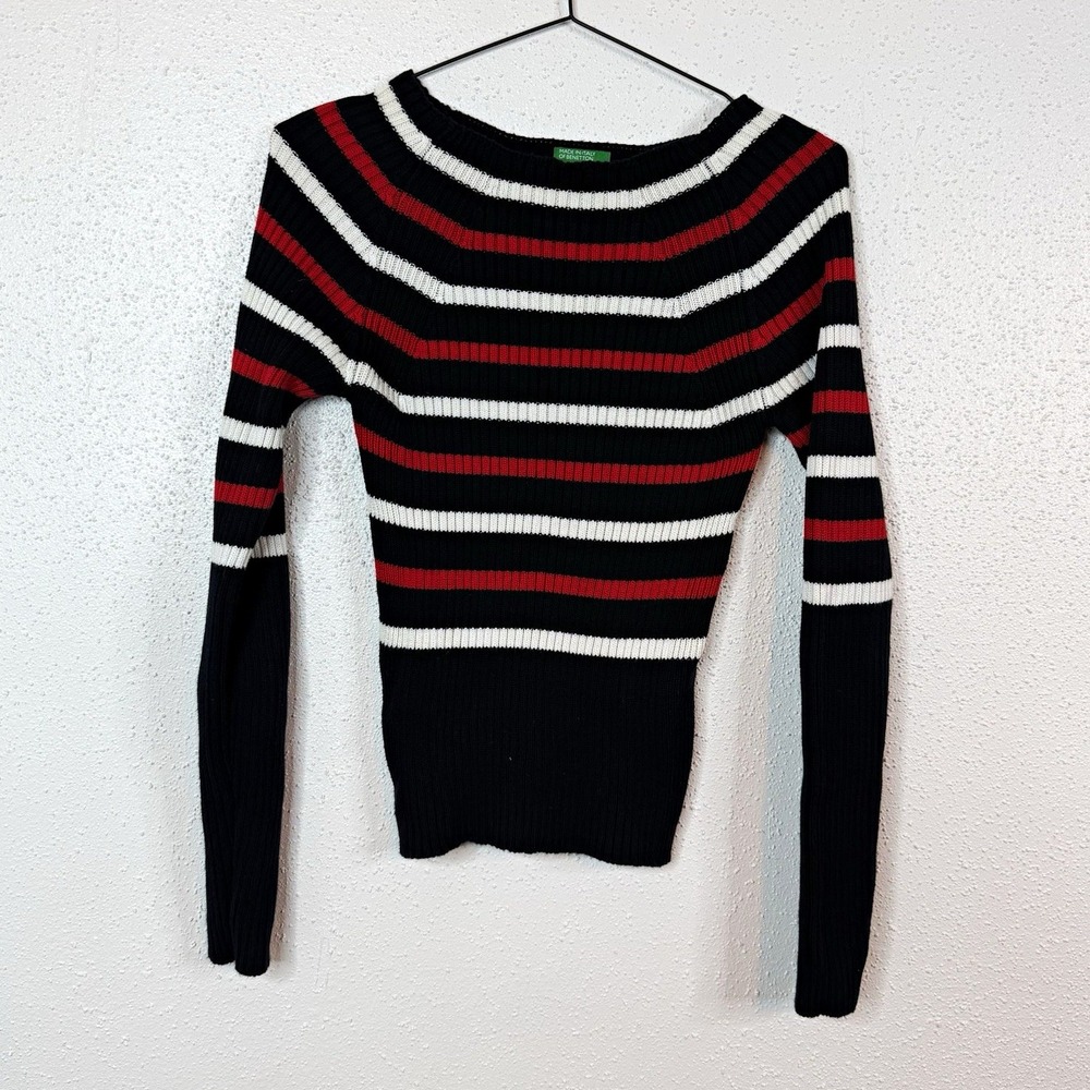 Benetton Women's Striped Rib-Knit Crewneck Pullover Sweater Long Sleeve